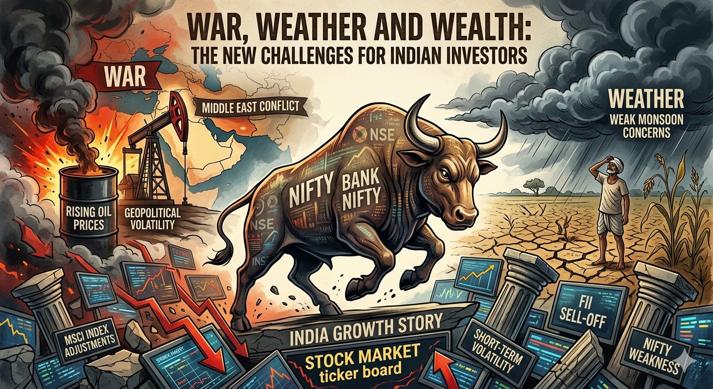 Bull representing Nifty and Bank Nifty between rising oil fires and a weak monsoon