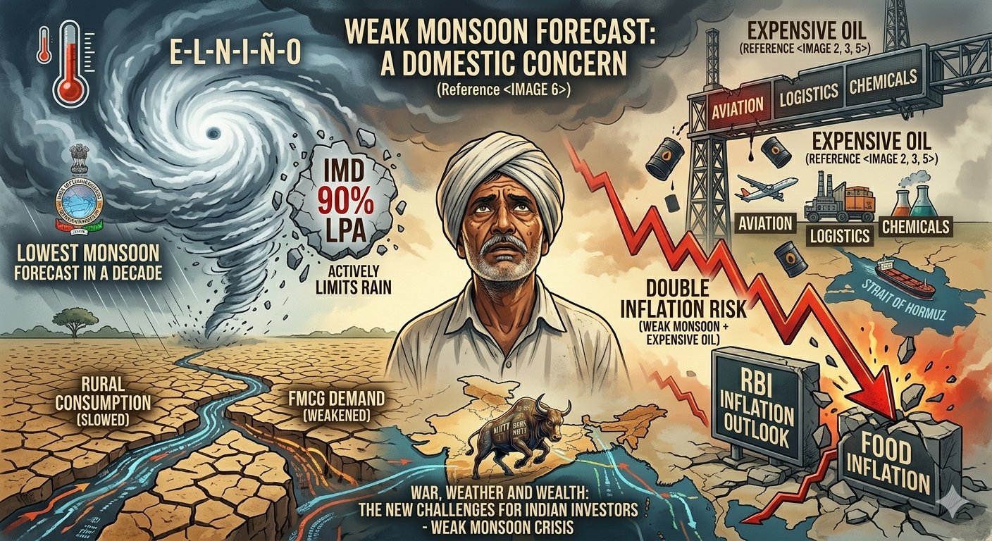 Weak monsoon forecast infographic with farmer, El Nino and double inflation risk