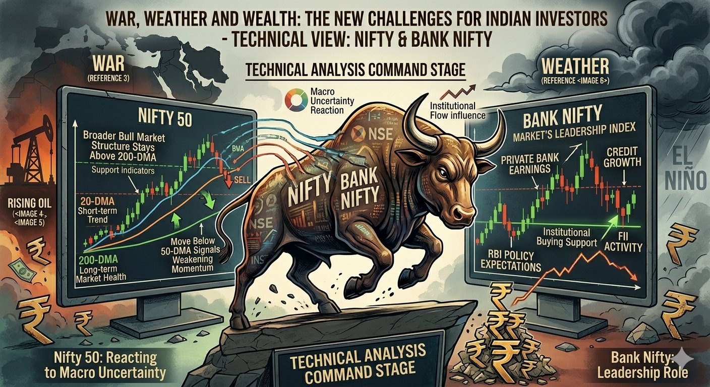 Technical analysis stage showing Nifty 50 and Bank Nifty with moving averages
