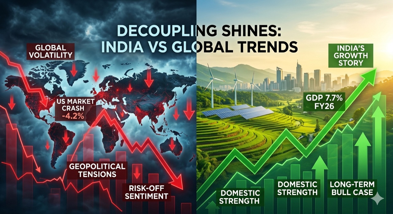 Split visual contrasting red global volatility and a US market crash with India's green long-term growth story
