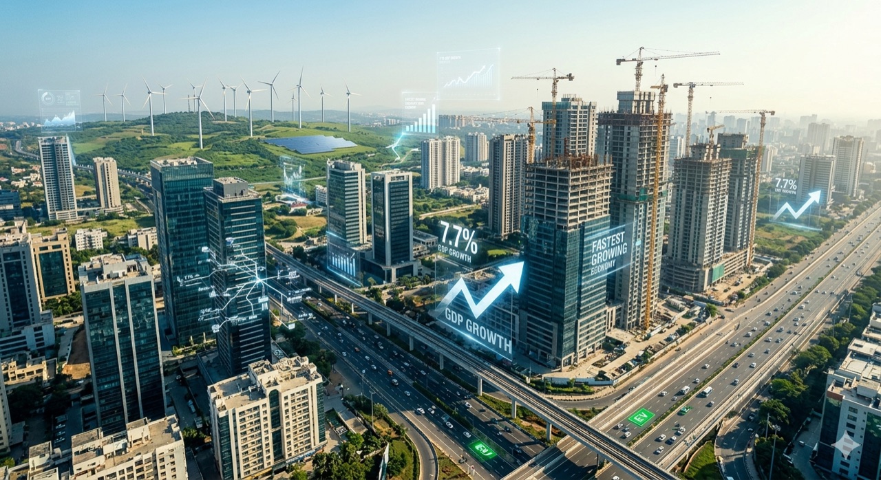 Aerial view of a fast-developing Indian city skyline with 7.7% GDP growth graphics