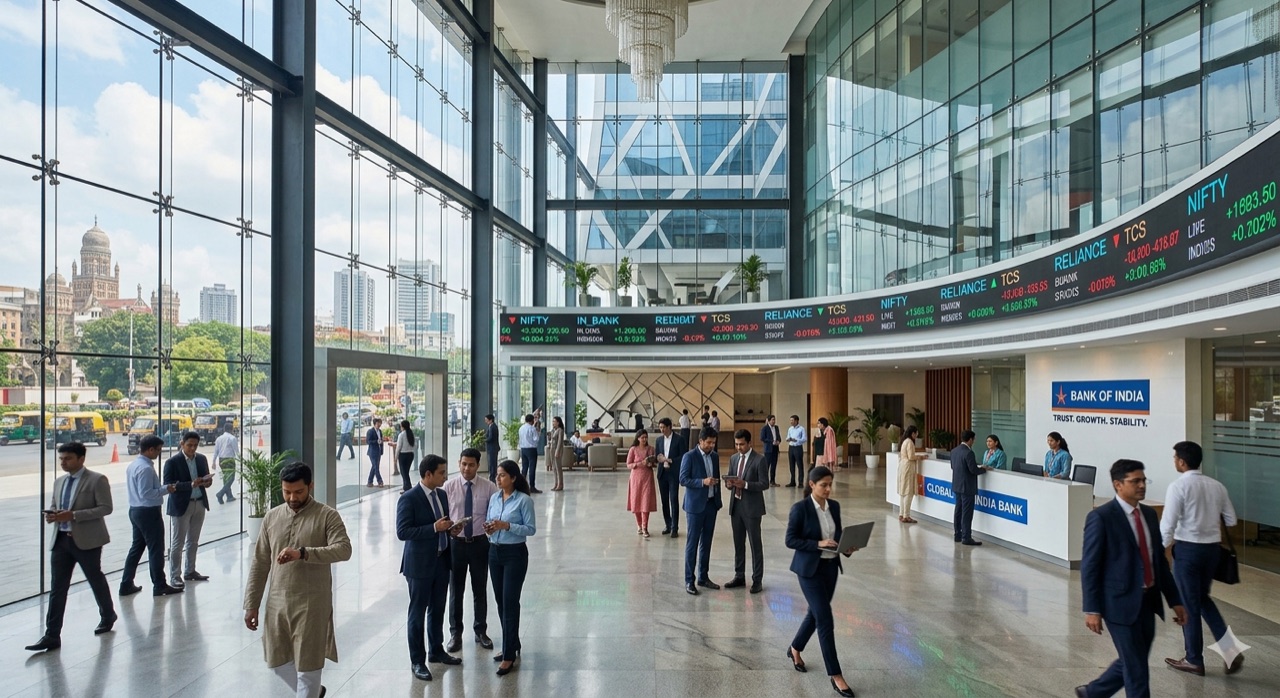 Busy Indian stock exchange and banking hall with live Nifty and Bank Nifty tickers