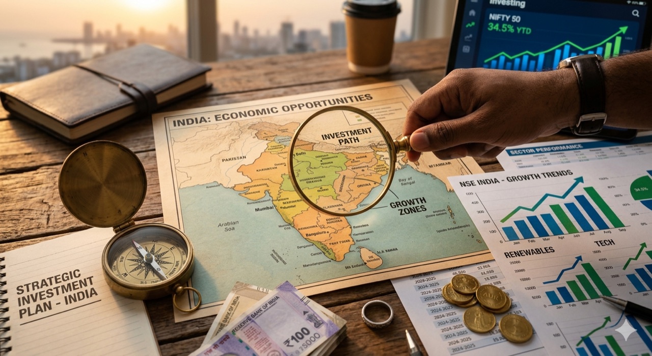 Strategic investment plan for India laid out with a map, compass, rupee notes and growth charts