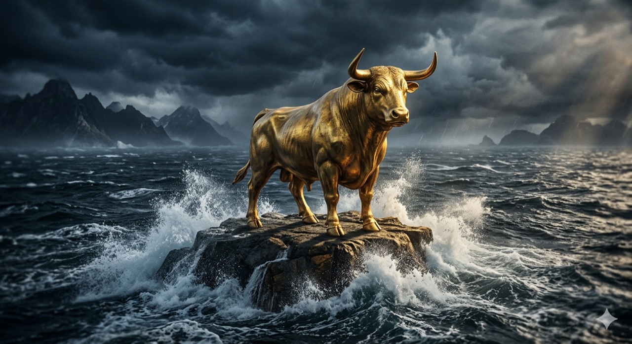 A golden bull standing firm on a rock amid a stormy sea, symbolising market resilience